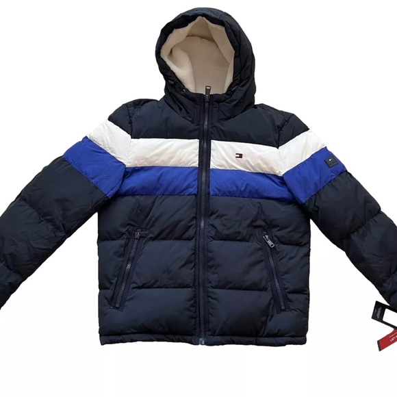 Tommy Hilfiger Hooded Wind Resistant Puffer Jacket Navy Blue White Mens Medium M - Picture 3 of 9